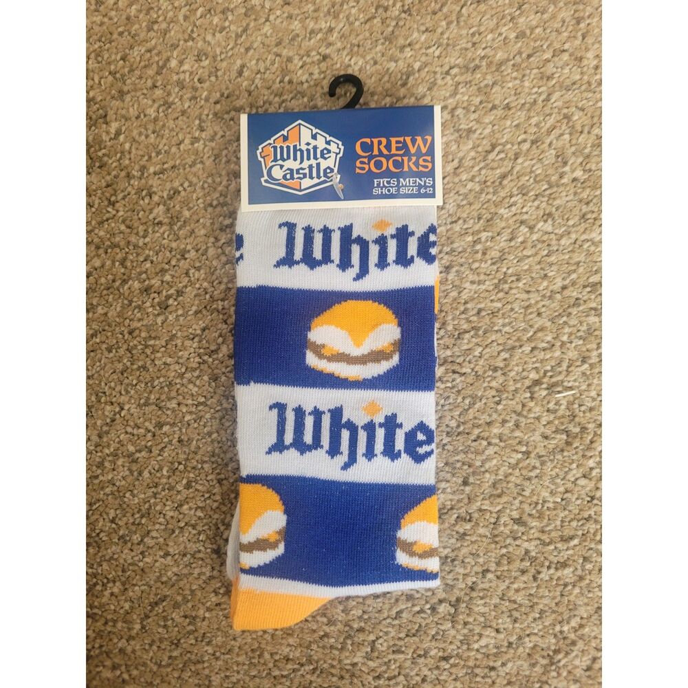 White Castle Crew Socks Men's Shoe Size 6-12 NWT Novelty Slider Burger Blue